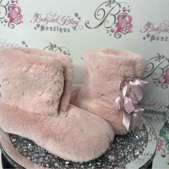 Slippers bows π coquette furry fuzzy soft fur booties π soft plush lounge pink - Picture 6 of 7